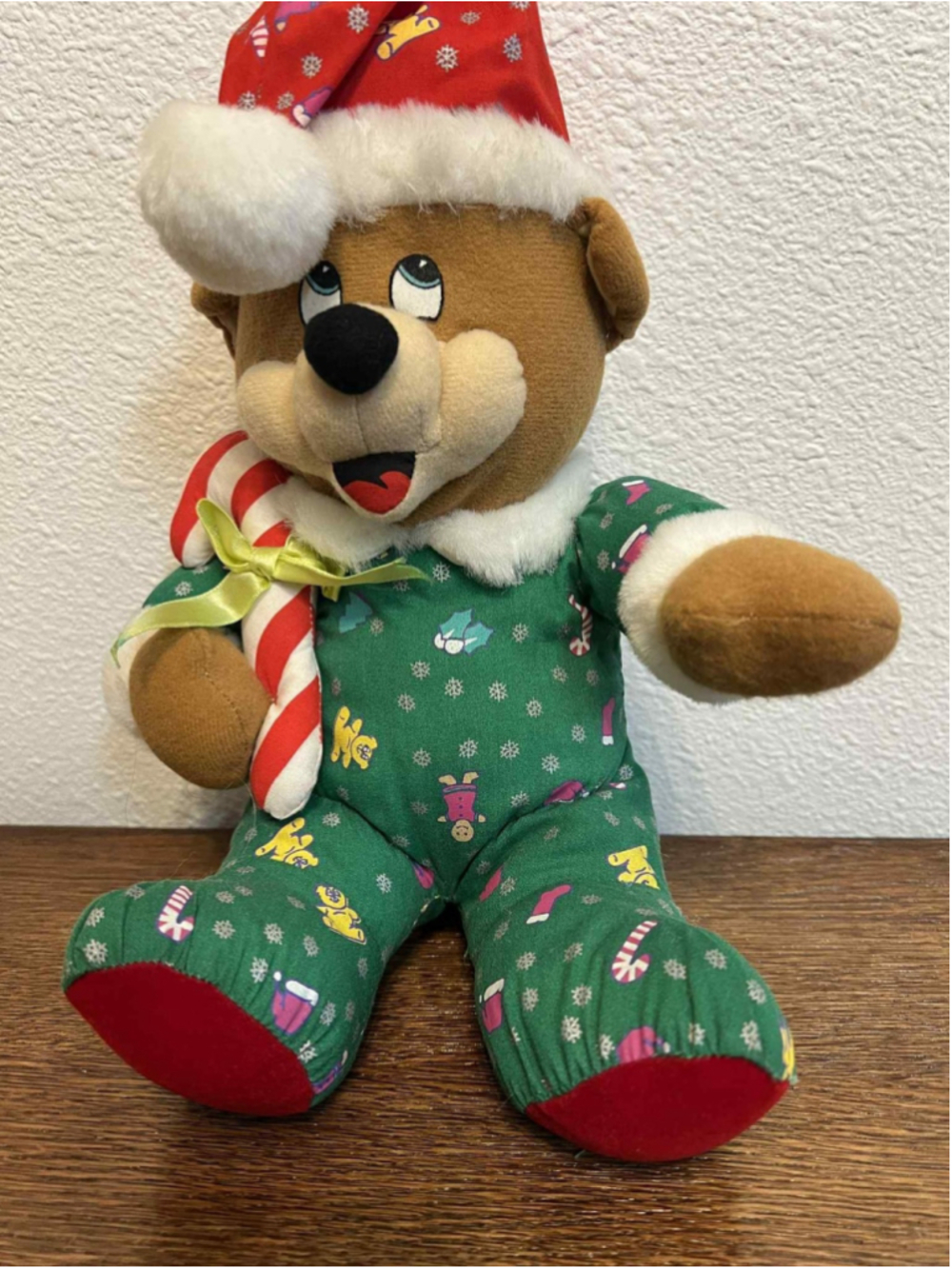 Vintage 1996 Trendmasters Christmas Bear Plush Pajamas Santa Hat & Candy Cane